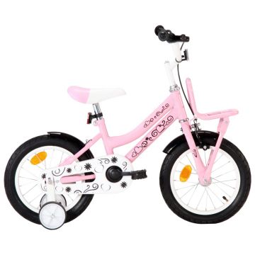 Bicicletă copii cu suport frontal alb și roz 14 inci