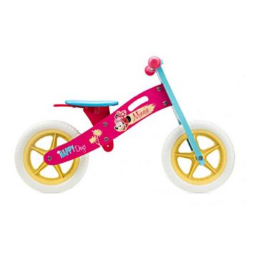 Bicicleta fara pedale Pegas Seven, 12 inch, 2-6 ani, furca fixa, cadru din lemn, jante spuma, model Minnie Mouse
