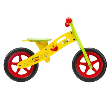 Bicicleta fara pedale Pegas Seven, 12 inch, 2-6 ani, furca fixa, cadru din lemn, jante spuma, model Winnie the Pooh