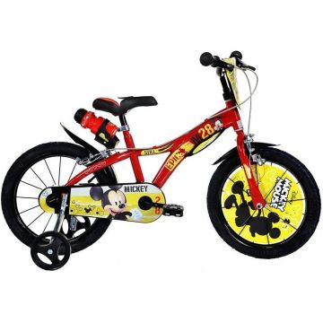 Bicicleta pentru copii Mickey Mouse Dino Bikes, 14 inch, roti ajutatoare incluse, maxim 50 kg, 4-5 ani