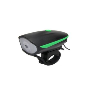 Lanterna LED pentru bicicleta, 1200 mAh, 250 lm, 120 dB, USB, claxon inclus, 3 functii, Negru/Verde