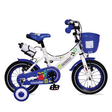 Bicicleta pentru baieti cu roti ajutatoare si cosulet 12 inch Little Monster Blue