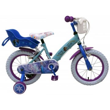 Bicicleta pentru fete 14 inch cu scaun pentru papusi roti ajutatoare si cosulet Frozen