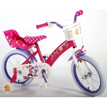 Bicicleta pentru fete 16 inch cu scaun pentru papusi roti ajutatoare si cosulet Minnie Mouse