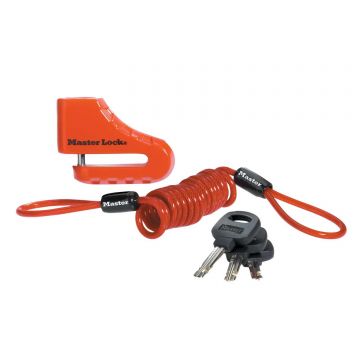 Antifurt frana disc 80mm pentru motocicleta/scuter/moped Master Lock inchidere cu cheie si cablu spiralat de atentionare Rosu