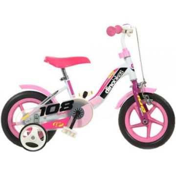 Bicicleta copii 2-3 ani, 10 inch, Sport Alb Si Roz Cu Frana, Dino Bikes DB108FL0509WP
