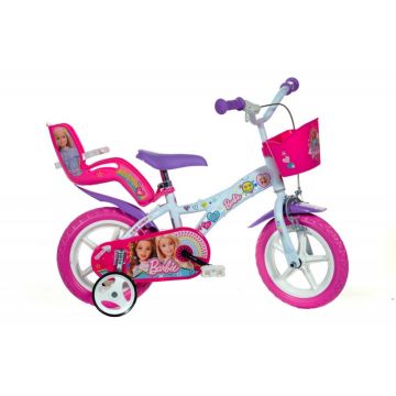 Bicicleta Dino Bikes, 12 inch, 87-110 cm, roti EVA, scaun reglabil, maxim 40 kg, 3 ani+, model Barbie la plimbare, Roz