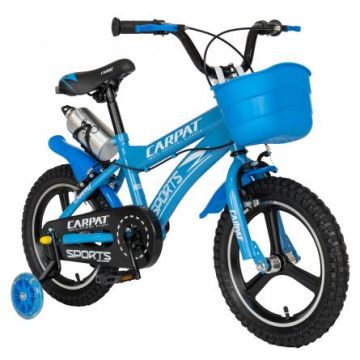 Bicicleta copii 3-5 ani 14 inch roti ajutatoare cu led C1400A cadru albastru cu design alb Carpat Kids