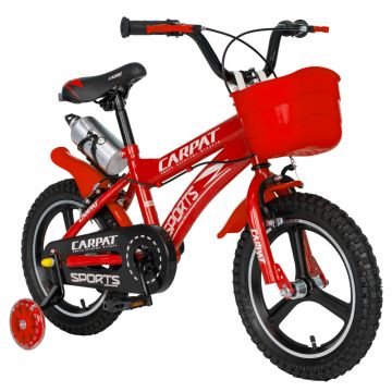 Bicicleta copii 3-5 ani 14 inch roti ajutatoare cu led C1400A cadru rosu cu design alb Carpat Kids