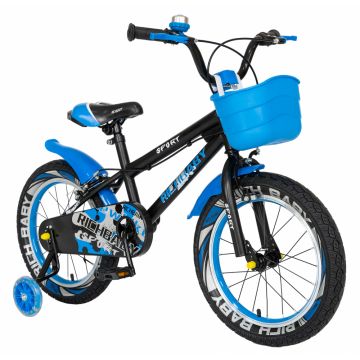 Bicicleta copii 4-6 ani 16 inch C-Brake roti ajutatoare cu Led Rich Baby CSR1603A negru cu albastru