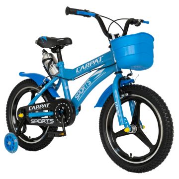 Bicicleta copii 4-6 ani 16 inch roti ajutatoare cu led C1600A cadru albastru cu design alb Carpat Kids