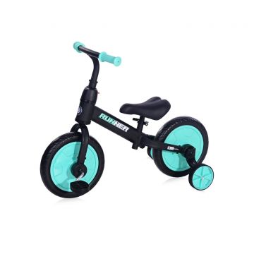 Bicicleta de echilibru, 2 in 1, cu pedale si roti auxiliare, Lorelli Runner, Black Turquoise