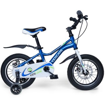 Bicicleta pentru copii 5-8 ani KidsCare HappyCycles 16 inch cu roti ajutatoare si frane pe disc albastru