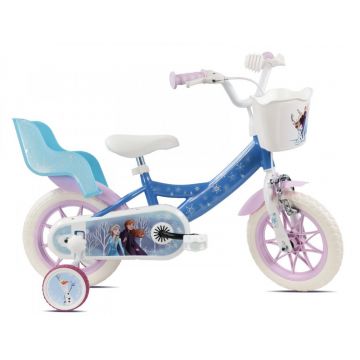 Bicicleta pentru copii Denver Disney Frozen 12 inch, frana de mana pe ambele roti, clopotel, roti ajutatoare detasabile, suport pentru papusi, cosulet transport pe ghidon