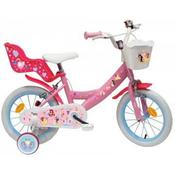 Bicicleta pentru copii Denver Disney Princess 14 inch, frana de mana pe ambele roti, clopotel, roti ajutatoare detasabile, suport pentru papusi, cosulet transport pe ghidon