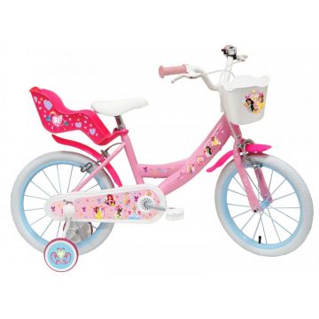 Bicicleta pentru copii Denver Disney Princess 16 inch, frana de mana pe ambele roti, clopotel, roti ajutatoare detasabile, suport pentru papusi, cosulet transport pe ghidon