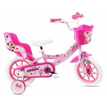 Bicicleta pentru copii Denver Minnie Cutest 12 inch, frana de mana pe ambele roti, clopotel, roti ajutatoare detasabile, suport pentru papusi