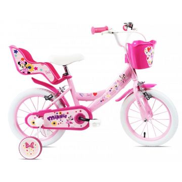 Bicicleta pentru copii Denver Minnie Cutest 14 inch, frana de mana pe ambele roti, clopotel, roti ajutatoare detasabile, suport pentru papusi, cosulet transport pe ghidon