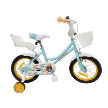 Makani - Bicicleta cu roti ajutatoare si scaunel pentru papusi, Cosulet frontal, 14 inch, Cu sonerie, 52x72x101 cm, 4 ani+, Pana 25 kg, Albastru