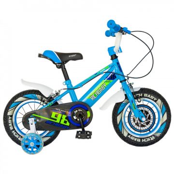 Bicicleta baieti Rich Baby R1407A, roata 14  , C-Brake, roti ajutatoare cu LED, 3-5 ani, albastru verde