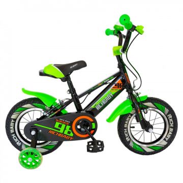 Bicicleta baieti Rich Baby R1407A, roata 14  , C-Brake, roti ajutatoare cu LED, 3-5 ani, negru verde