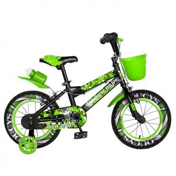 Bicicleta baieti  RICH BABY R14WTA, roata 14  , roti ajutatoare cu LED, 3-5 ani, culoare negru verde