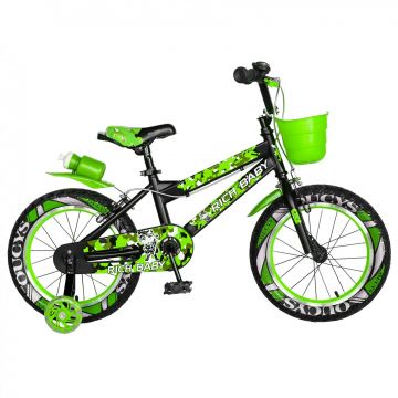 Bicicleta baieti  RICH BABY R16WTA, roata 16  , roti ajutatoare cu LED, 4-6 ani, culoare negru verde