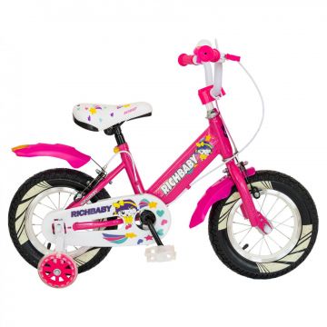 Bicicleta fete Rich Baby R1408A, roata 14  , C-Brake, roti ajutatoare cu LED, 3-5 ani, fucsia alb