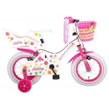 Bicicleta pentru fete Ashley, 12 inch, culoare alb roz, frana de mana fata - spate