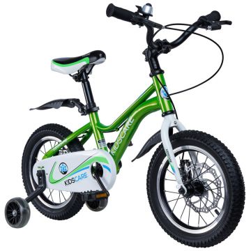 Bicicleta pentru copii 3-6 ani HappyCycles KidsCare, roti 14 inch, cu roti ajutatoare si frane pe disc, verde