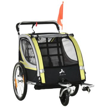 HOMCOM Remorca pentru bicicleta pentru copii 2 in 1, centura in 5 puncte, geanta de depozitare, reflector, steag, galben | Aosom Ro