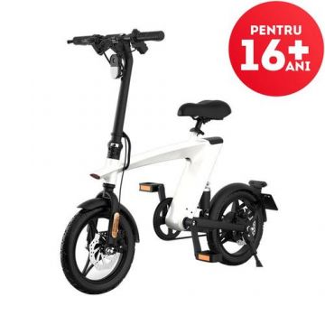 Bicicleta electrica iSEN H1 Flying Fish, Viteza maxima 25Km/h, Autonomie full electric 25 - 35Km, Motor 250W, IP54, roti 14inch (Alb)