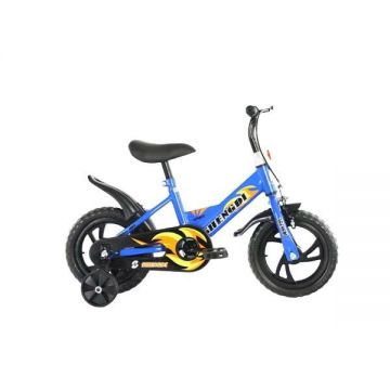 Bicicleta cu roti ajutatoare pentru copii intre 2 si 6 ani, Albastra, Pedale si frane, ghidon si sezut reglabil, Roti EVA de 12 inch
