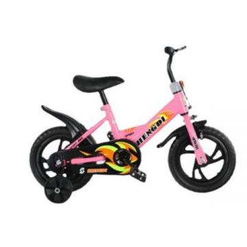 Bicicleta cu roti ajutatoare pentru copii intre 2 si 6 ani, Roz, Pedale si frane, ghidon si sezut reglabil, Roti EVA de 12 inch