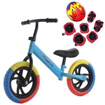 Bicicleta de echilibru pentru incepatori, Fara pedale, Pentru copii intre 2 si 5 ani, Albastra, Echipament protectie