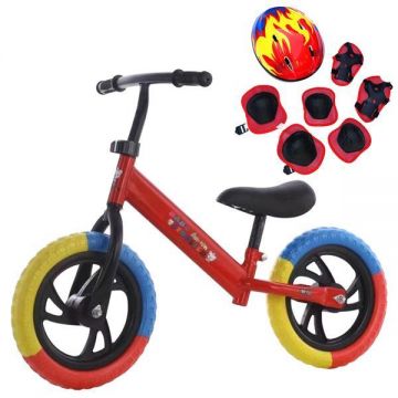 Bicicleta de echilibru pentru incepatori, Fara pedale, Pentru copii intre 2 si 5 ani, Rosie, Echipament protectie