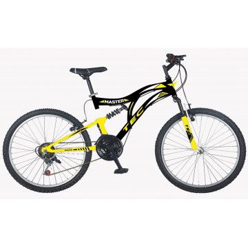 Bicicleta MTB Tec Master full suspensie, culoare negru/galben, roata 24