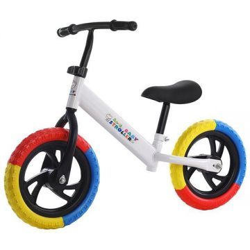 Bicicleta de echilibru fara pedale, Bicicleta incepatori pentru copii intre 2 si 5 ani, Alba cu roti in 3 culori