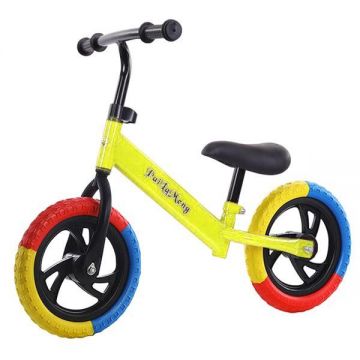Bicicleta de echilibru fara pedale, Bicicleta incepatori pentru copii intre 2 si 5 ani, Galbena cu roti in 3 culori