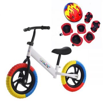 Bicicleta de echilibru pentru incepatori, Fara pedale, Pentru copii intre 2 si 5 ani, Alba, Echipament protectie