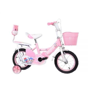 Bicicleta pentru copii intre 3 ani si 6 ani, Roz, Doua locuri si roti ajutatoare, Pedale si roti din cauciuc de 12 inch, Frane fata-spate, Cos depozitare, Ghidon si sezut reglabil