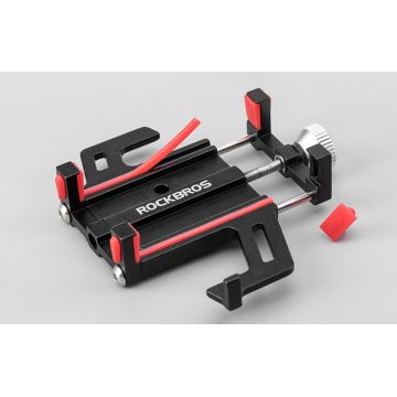 Suport telefon pentru biciclete Rockbros 699-BR, Rotire 360 grade, Aluminiu, Negru/Rosu