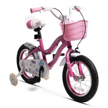 Bicicleta copii Rich Baby R1408A 14 Inch C-Brake roti ajutatoare cu led cadru fucsia cu design alb