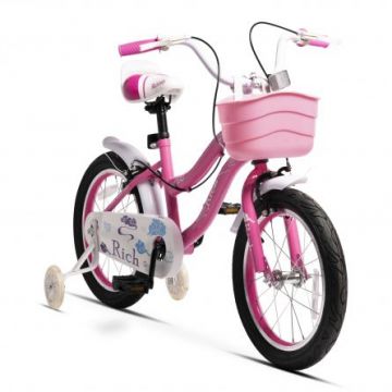 Bicicleta copii Rich Baby R1608A 16 Inch C-Brake roti ajutatoare cu led cadru fucsia cu design alb