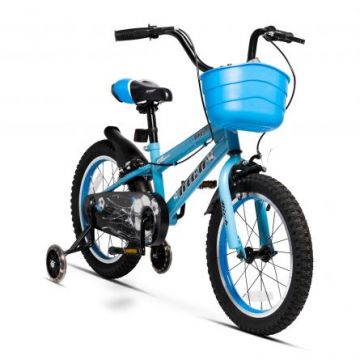 Bicicleta copii Rich Baby R1807A 18 inch C-Brake roti ajutatoare cu led cadru albastru cu design negru