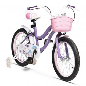 Bicicleta copii Rich Baby R1808A 18 Inch frane C-Brake roti ajutatoare cu led cadru mov cu design alb