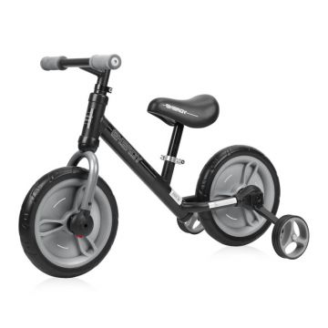 Bicicleta fara pedale unisex 11 inch Lorelli Energy 2020 negru si gri cu roti ajutatoare