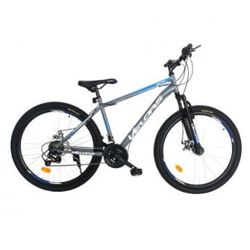 Bicicleta MTB-HT Schimbator Saiguan 18 viteze 26 inch frane pe disc Velors Vulcano V2609A gri cu design albastrualb