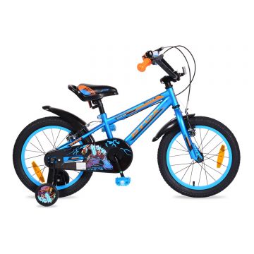 Bicicleta pentru baieti 16 inch Moni Monster albastru cu roti ajutatoare
