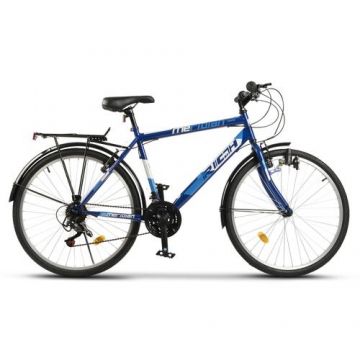 Bicicleta City Rich Meridian R2635A 26inch, Roti 26 Inch, Schimbator spate Sunrun 7 viteze, Schimbator fata Sunrun 3 trepte, Frana V-Brake, Portbagaj, Aparatori Aluminiu, Albastru/Alb